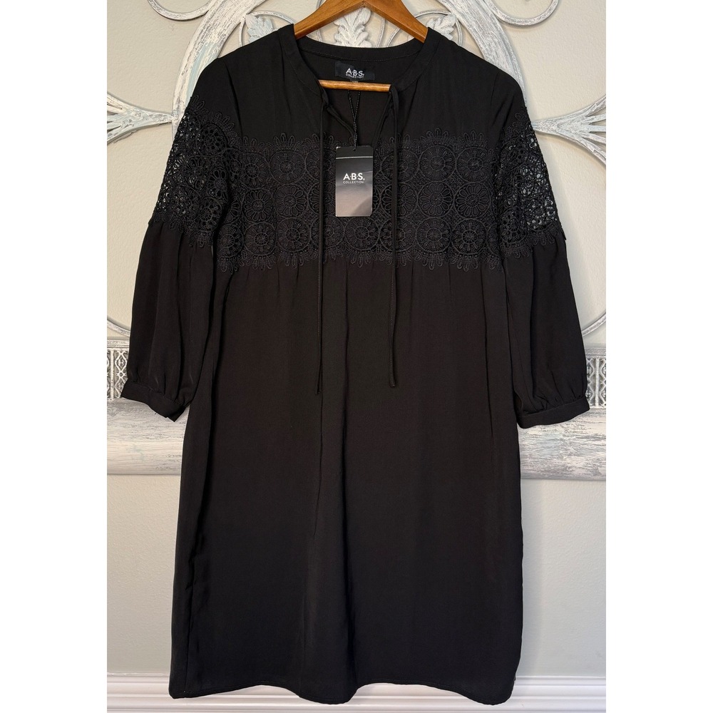 ABS Collection Womens Black Crochet Lace Shift‎ Dress Size XS Tie Neck New